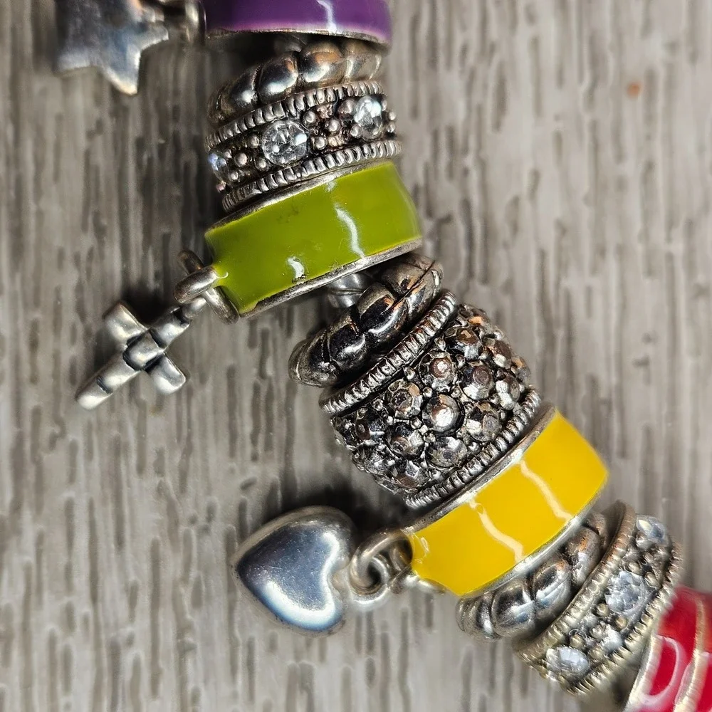 Colorful enamelCharm Bead Bracelet Silver Tone Heart Cross Star 8 Inch